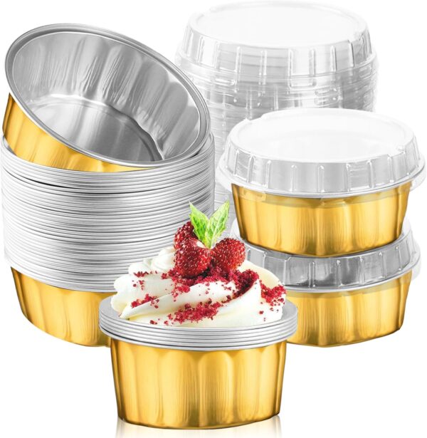 Laixin Gold 8 Oz Aluminium Foil Container with Lid – Disposable Ramekin Baking Cups (4) Gold 8 Oz Aluminium Foil Cup with Lid for Baking and Catering